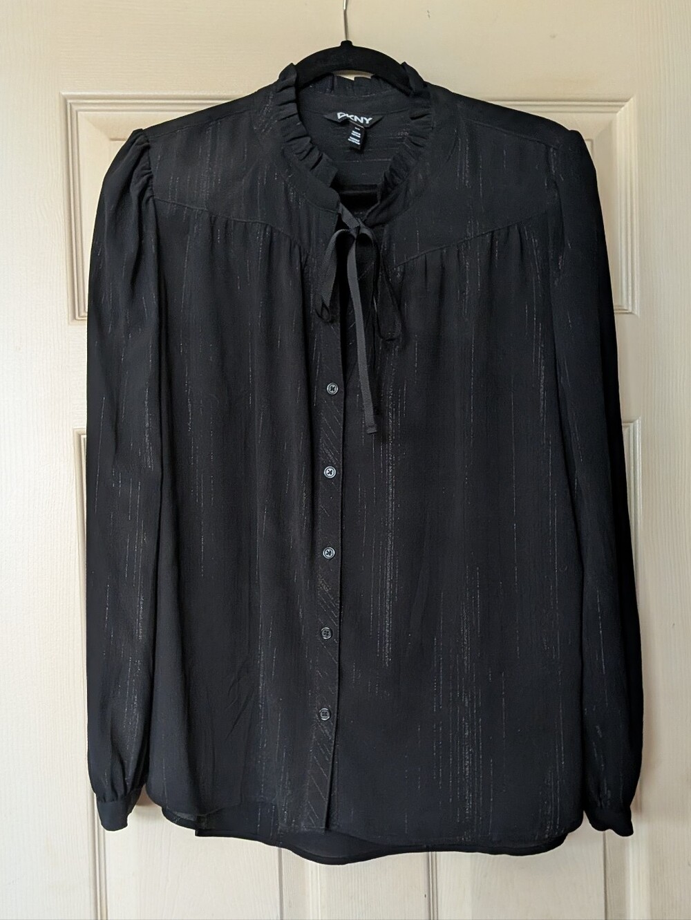 DKNY Metallic-Striped Tie-Neck Long Sleeve Blouse Size XL
